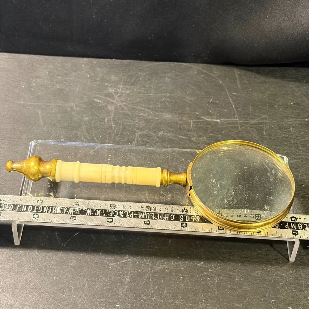 Vintage Brass Handheld Magnifying Glass Cream Turned Handle Large 4 Inch Lens